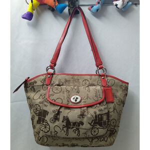 Coach Brown Canvas Leather Trim Carriage Turnlock Zipper Satchel Shoulder Bag
